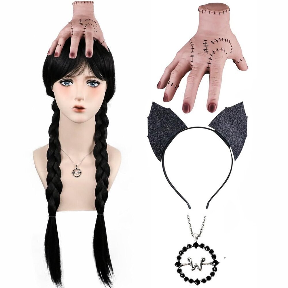 Women Wednesday Addams Wig with Necklace Headband Long Braided Black Halloween